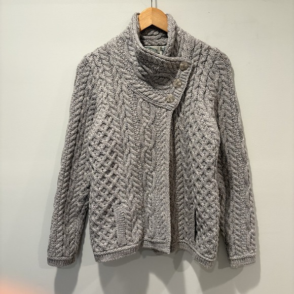 Aran Crafts Sweaters - Aran Crafts Asymmetric Cable Knit Cardigan Sweater 100% Merino Wool Sz M Gray